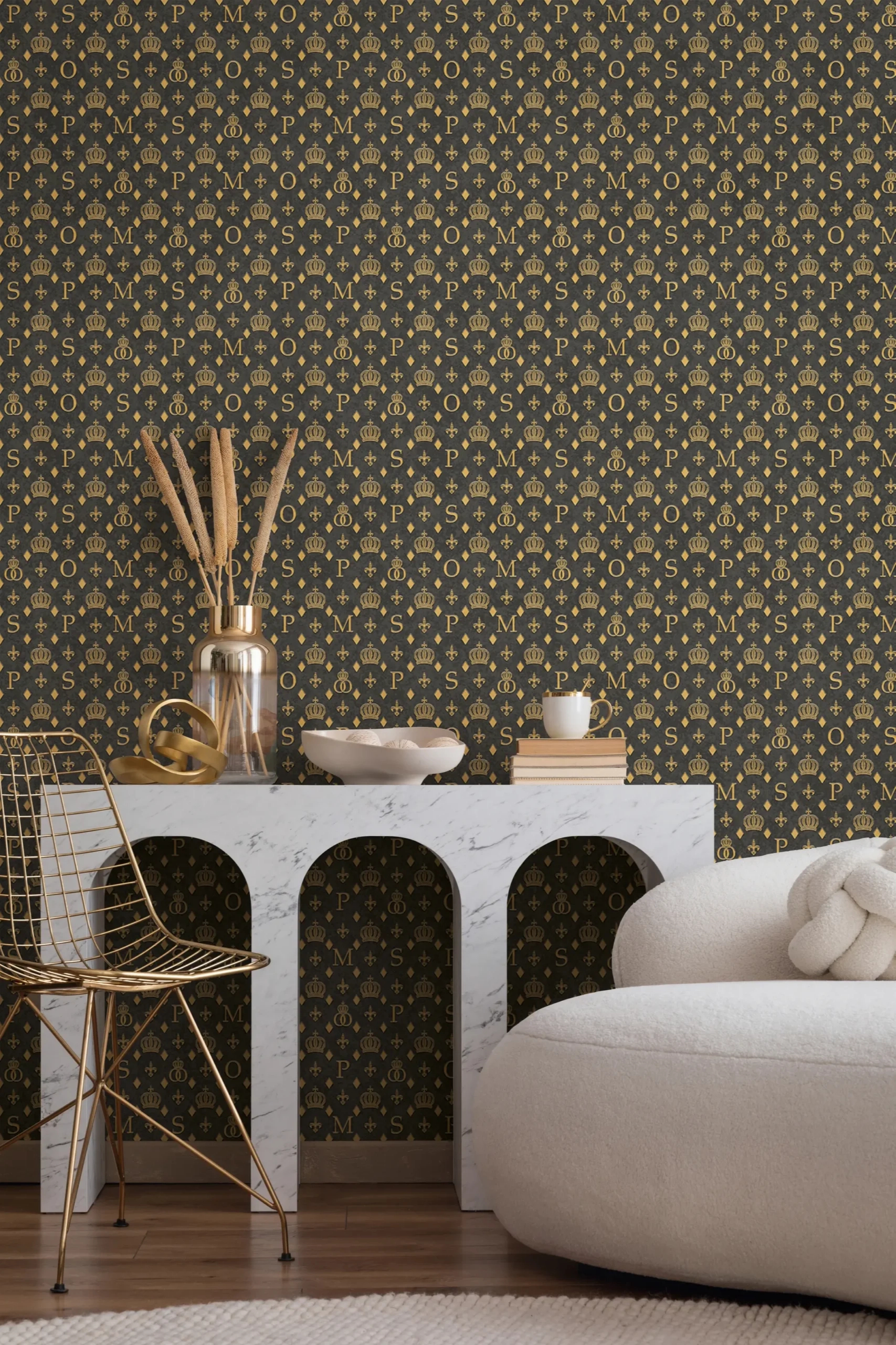 Pompöös emblémás tapéta fekete és sárga színben