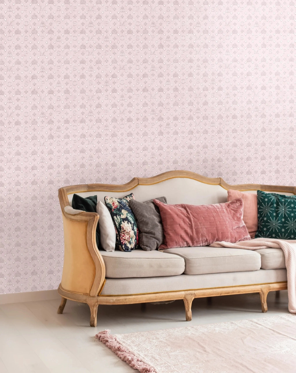 Pompöös emblémás tapéta rózsaszín színben