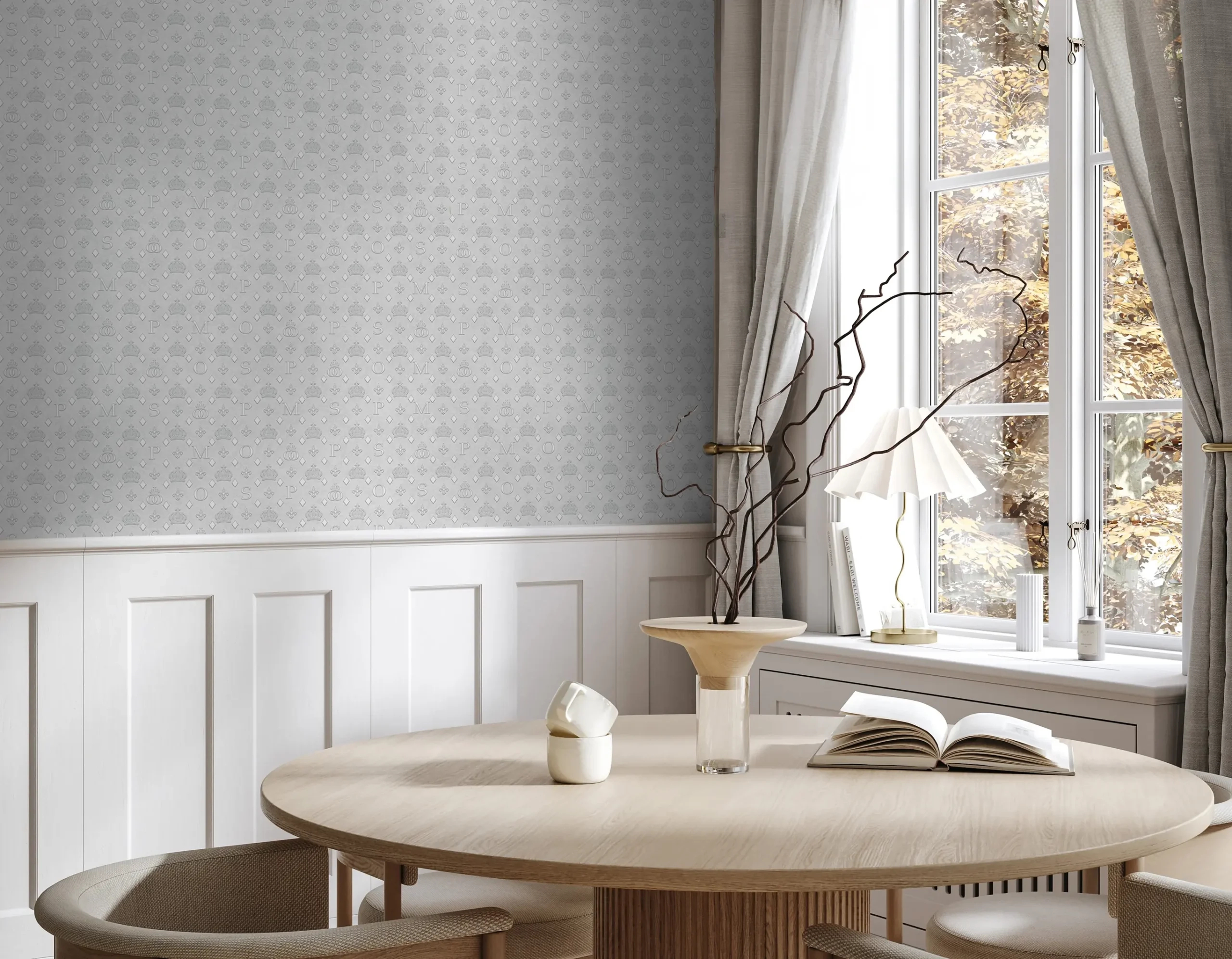 Pompöös emblémás tapéta szürke színben