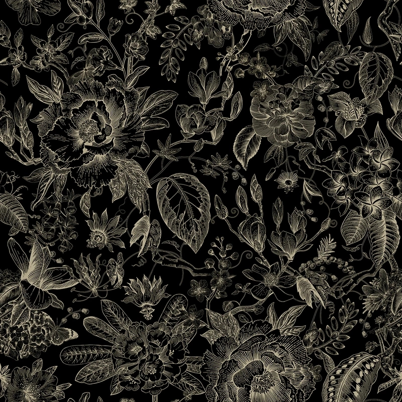 Pompöös virág mintás tapéta fekete és beige színben