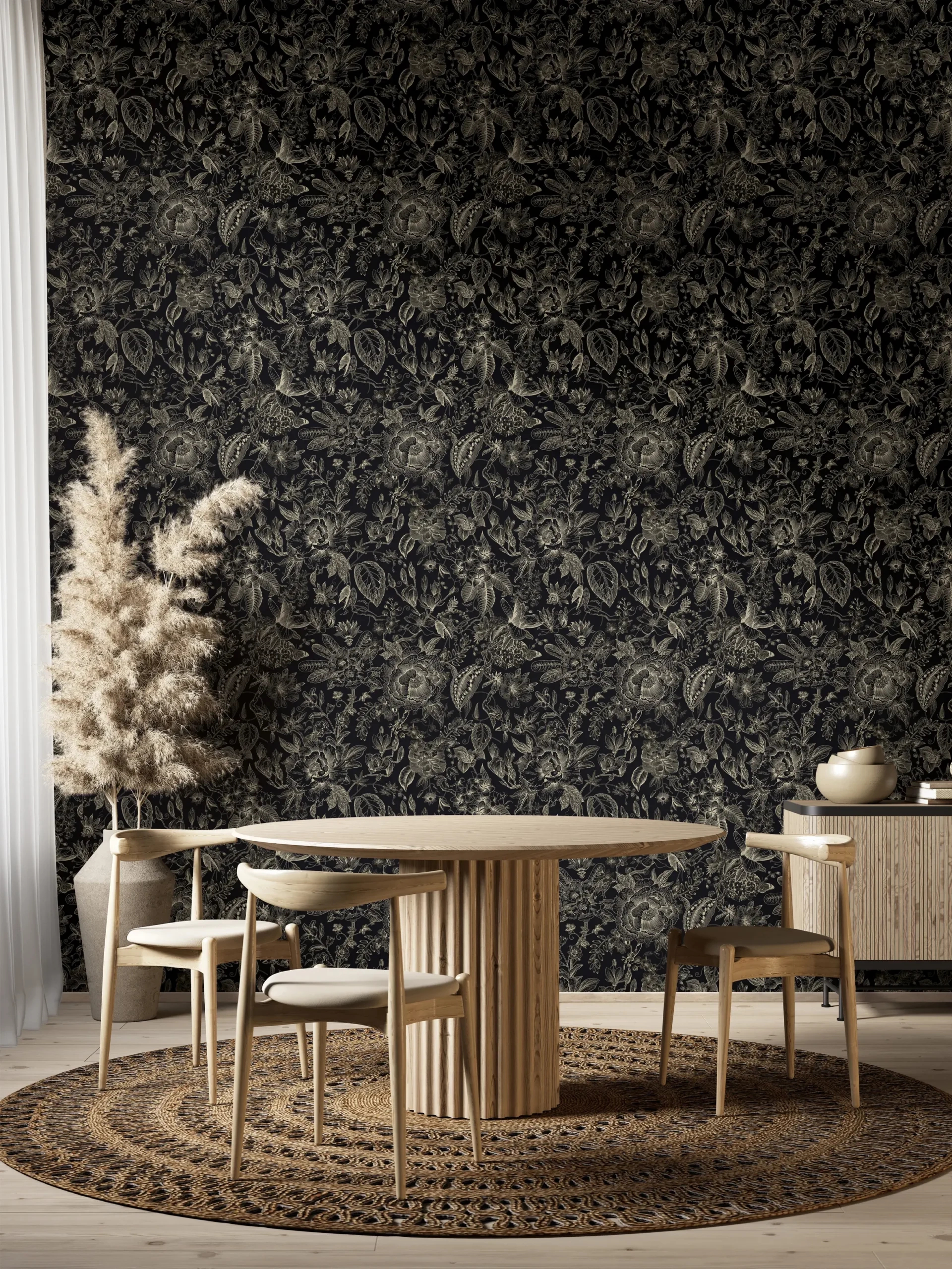 Pompöös virág mintás tapéta fekete és beige színben