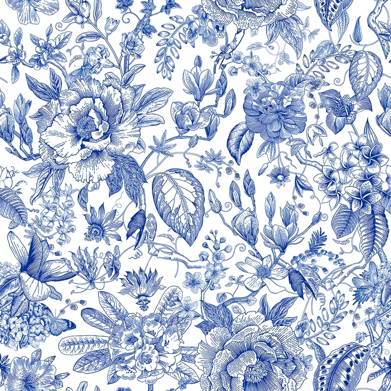 Pompöös virág mintás tapéta kék színben