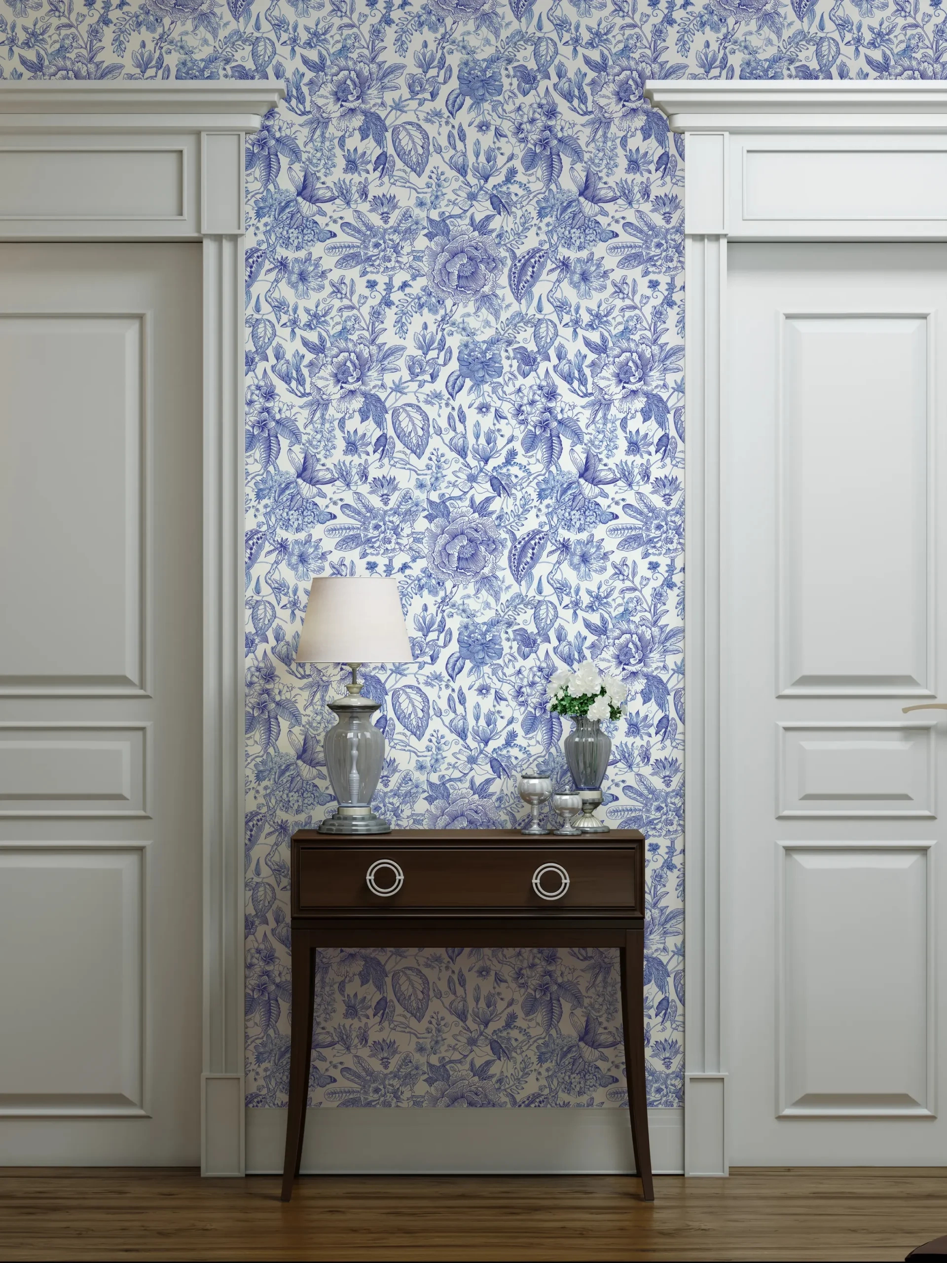 Pompöös virág mintás tapéta kék színben