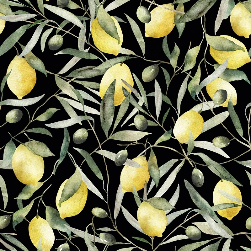 Provence citrom mintás tapéta fekete háttéren