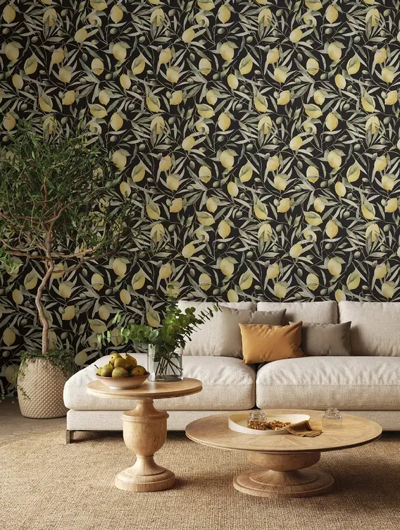 Provence citrom mintás tapéta fekete háttéren