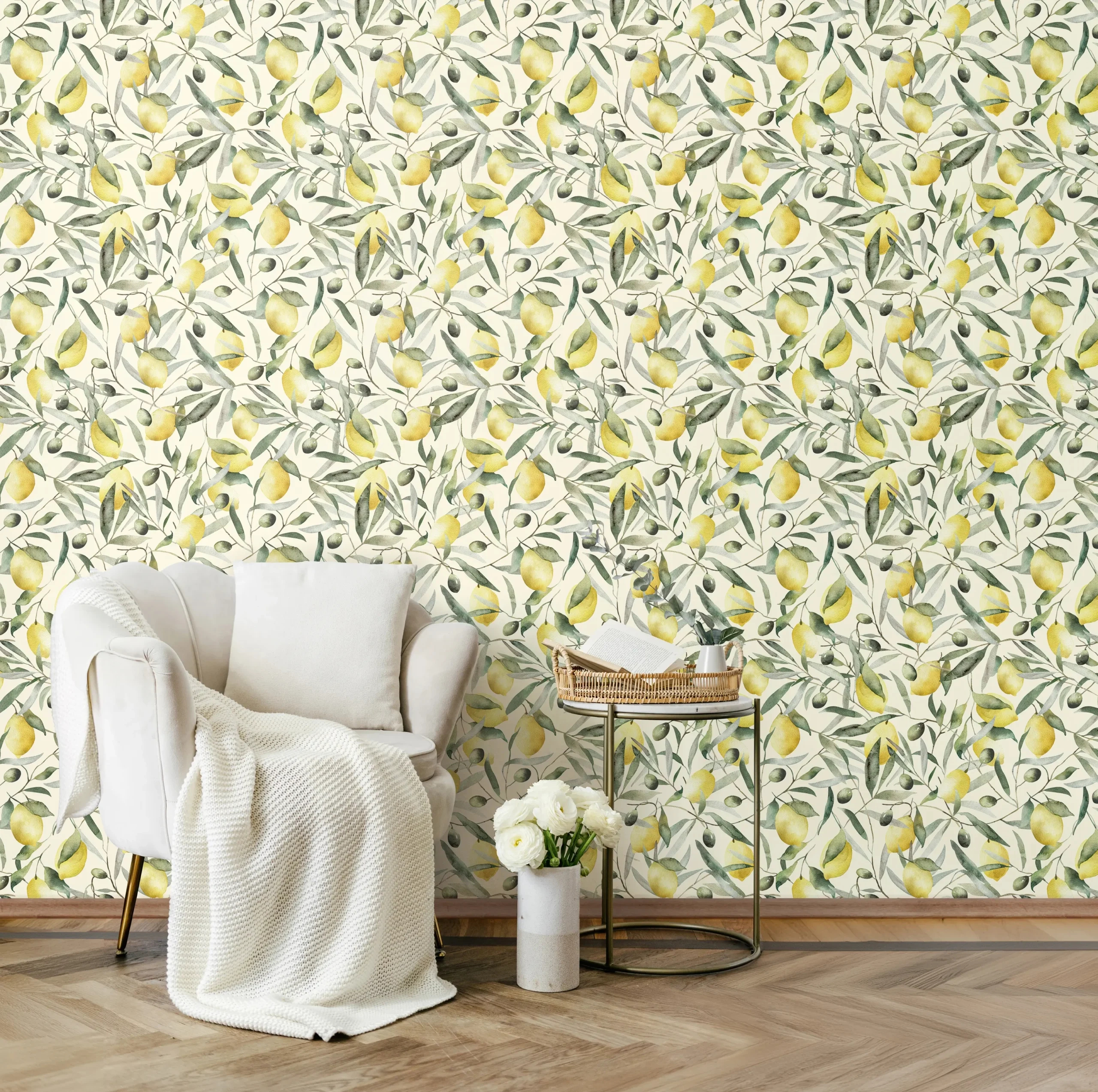 Provence citrom mintás tapéta krém háttéren