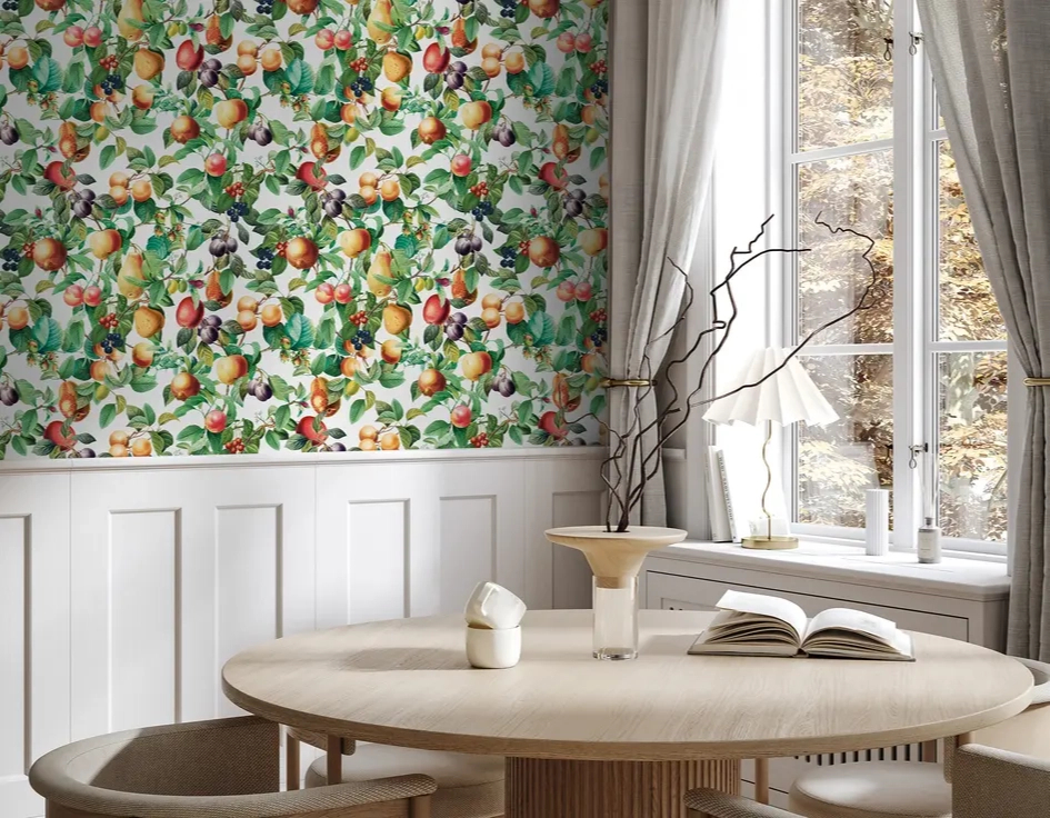 Provence gyümölcsfa mintás tapéta fehér háttéren