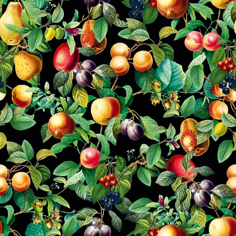 Provence gyümölcsfa mintás tapéta fekete háttéren