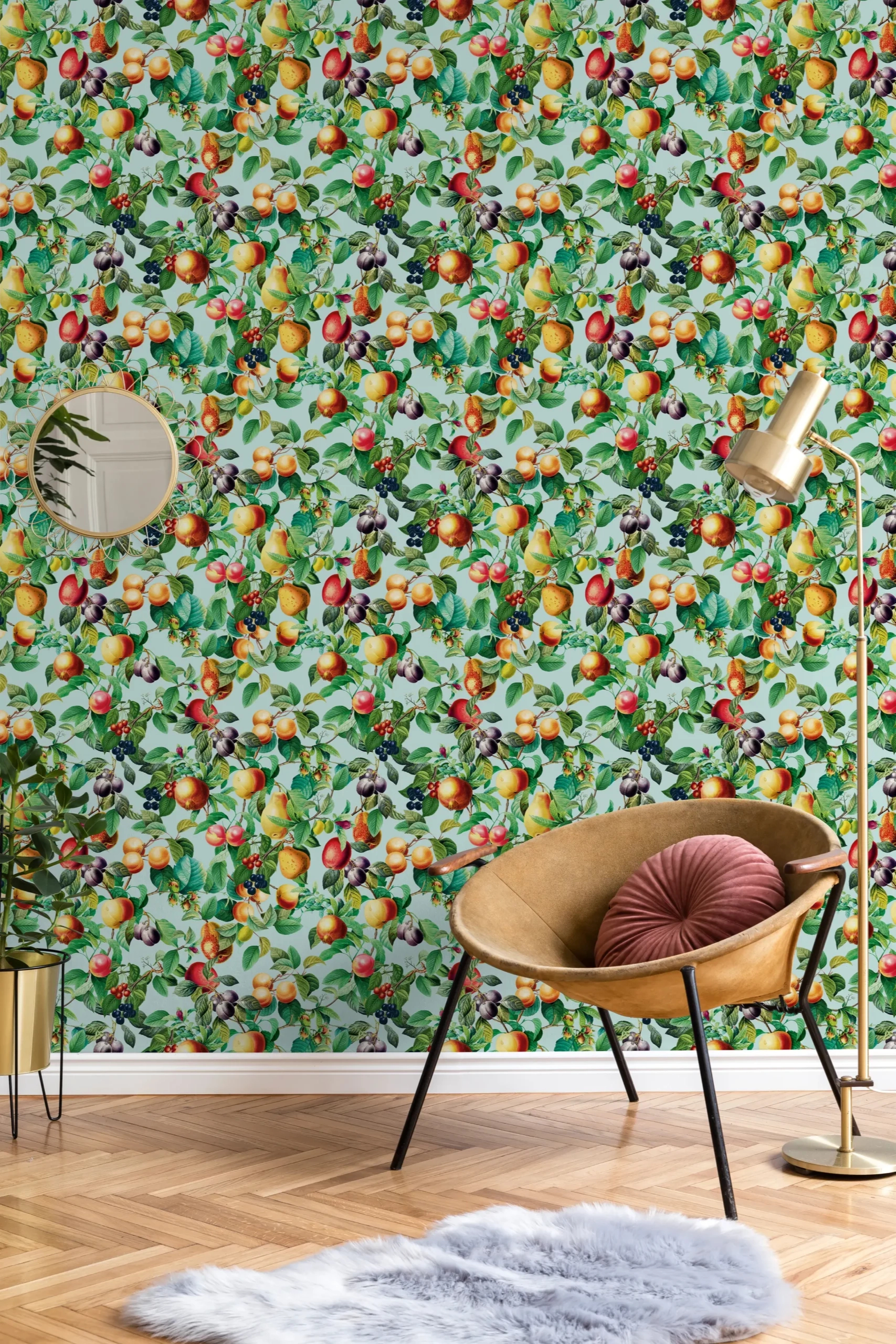 Provence gyümölcsfa mintás tapéta villágoskék háttéren