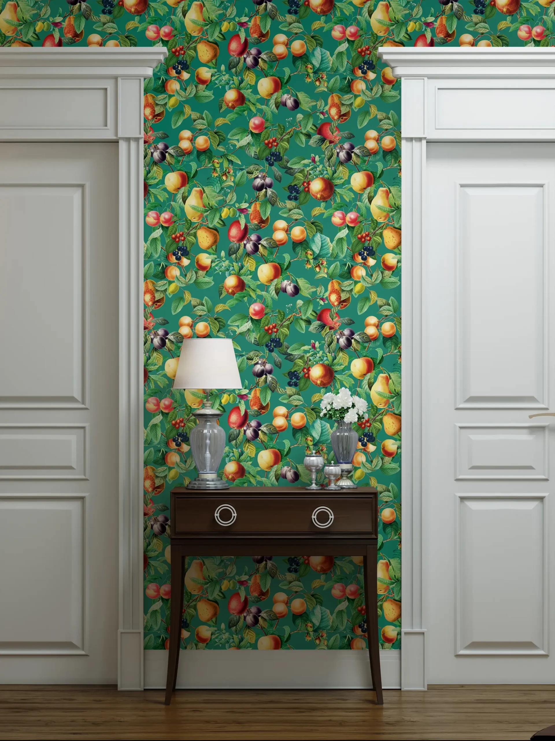 Provence gyümölcsfa mintás tapéta zöld háttéren