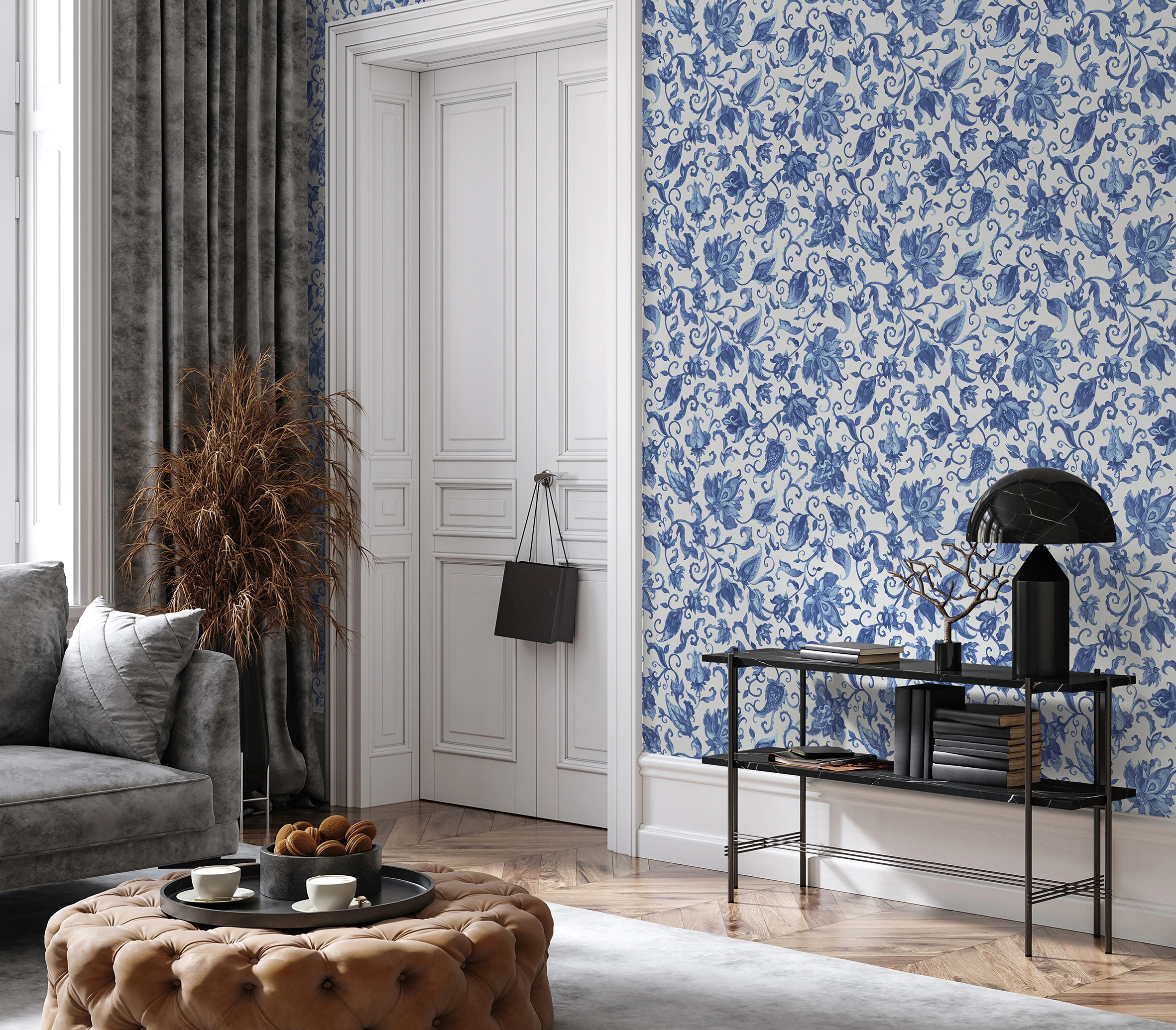 Provence kék inda és virág mintás tapéta