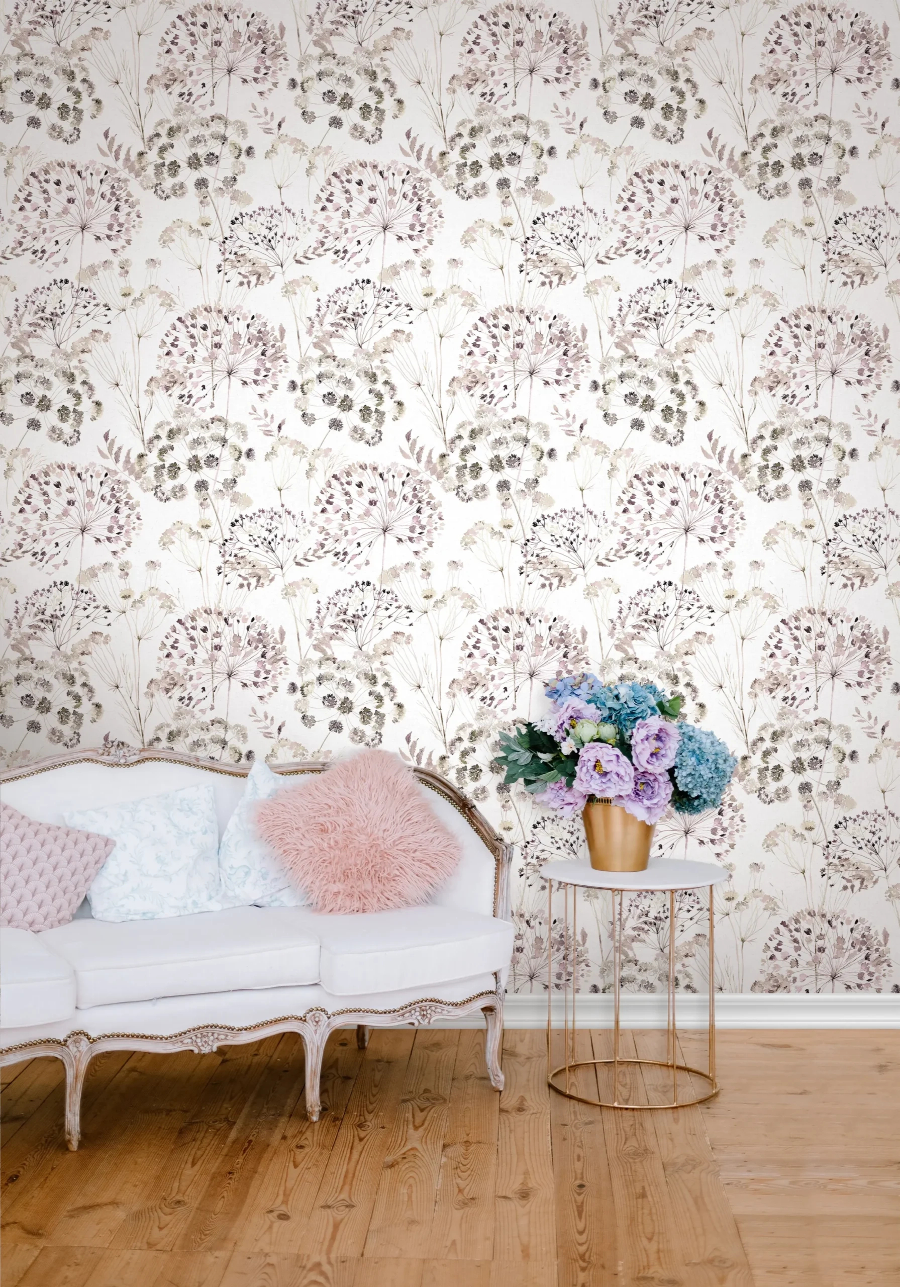 Provence rózsaszín akvarell pitypang mintás tapéta