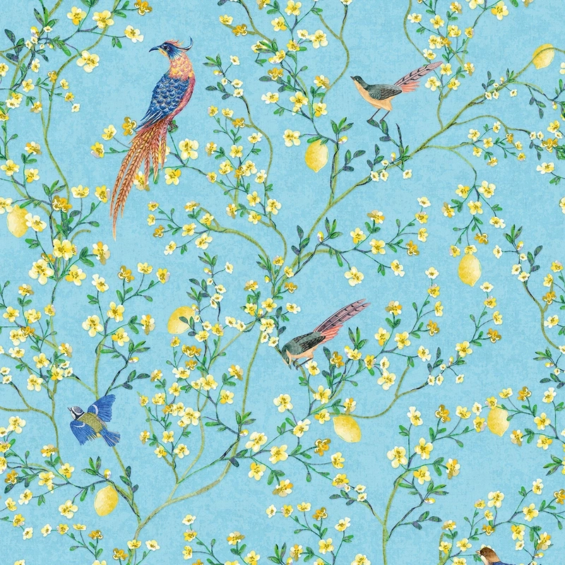 Provence virágzó fa madarakkal mintás tapéta kék háttéren