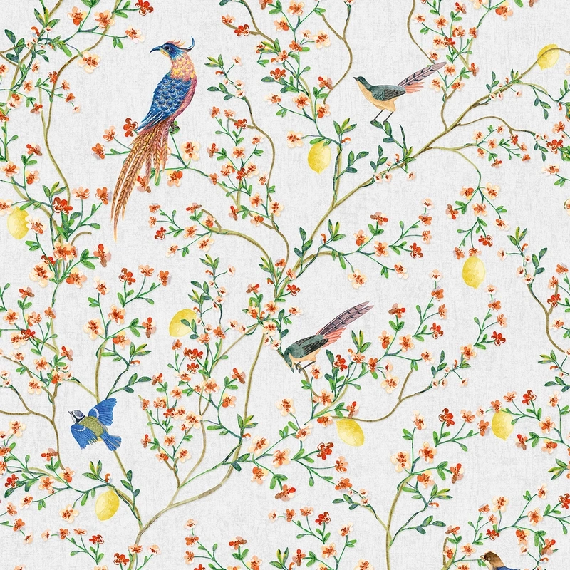 Provence virágzó fa madarakkal mintás tapéta törtfehér háttéren