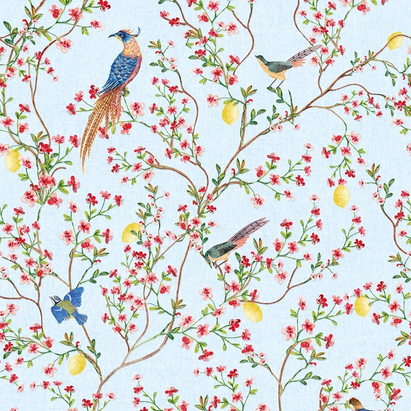 Provence virágzó fa madarakkal mintás tapéta világoskék háttéren