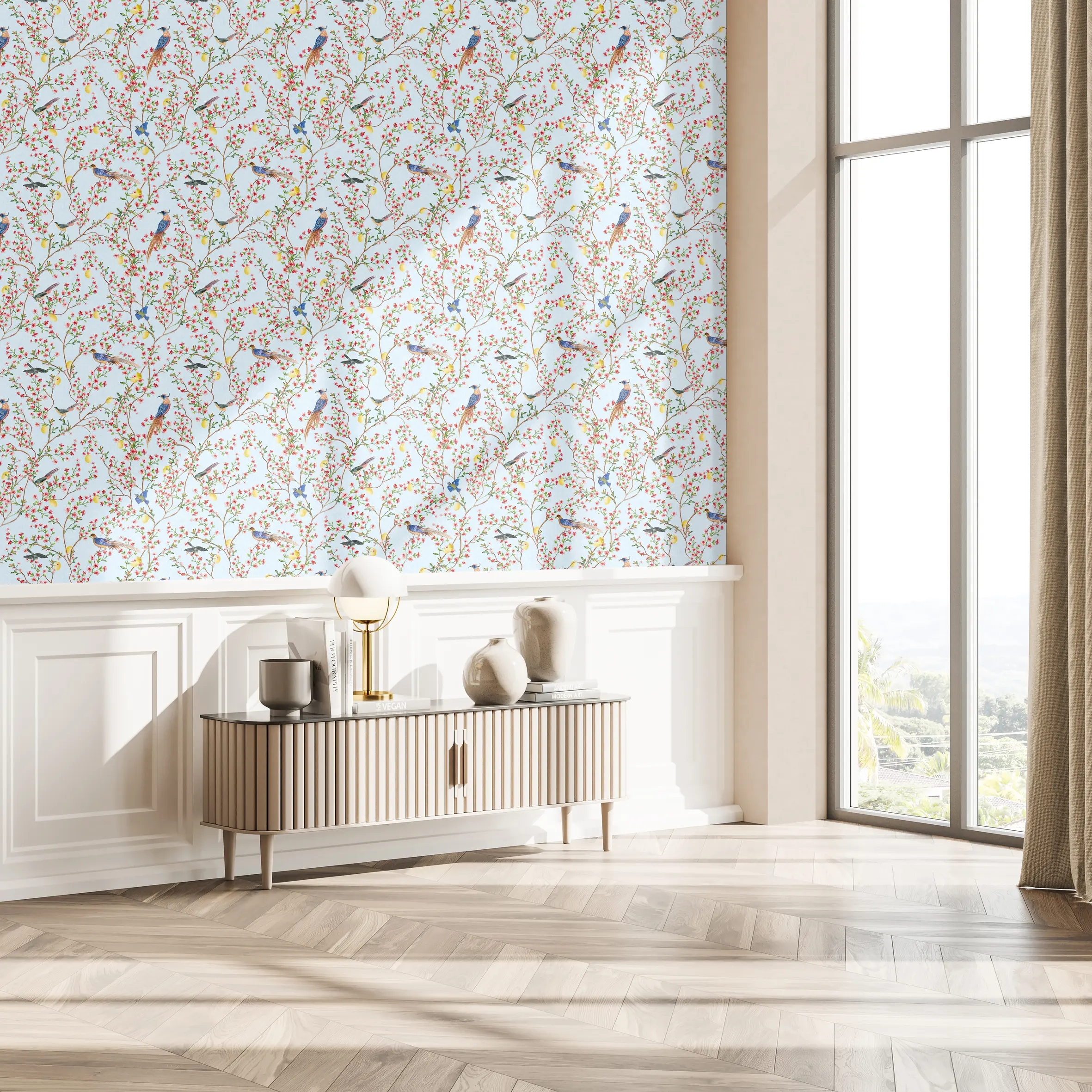 Provence virágzó fa madarakkal mintás tapéta világoskék háttéren