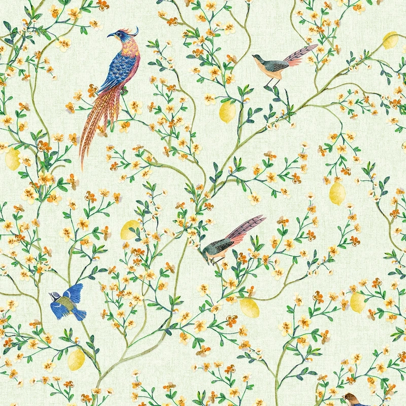 Provence virágzó fa madarakkal mintás tapéta világoszöld háttéren
