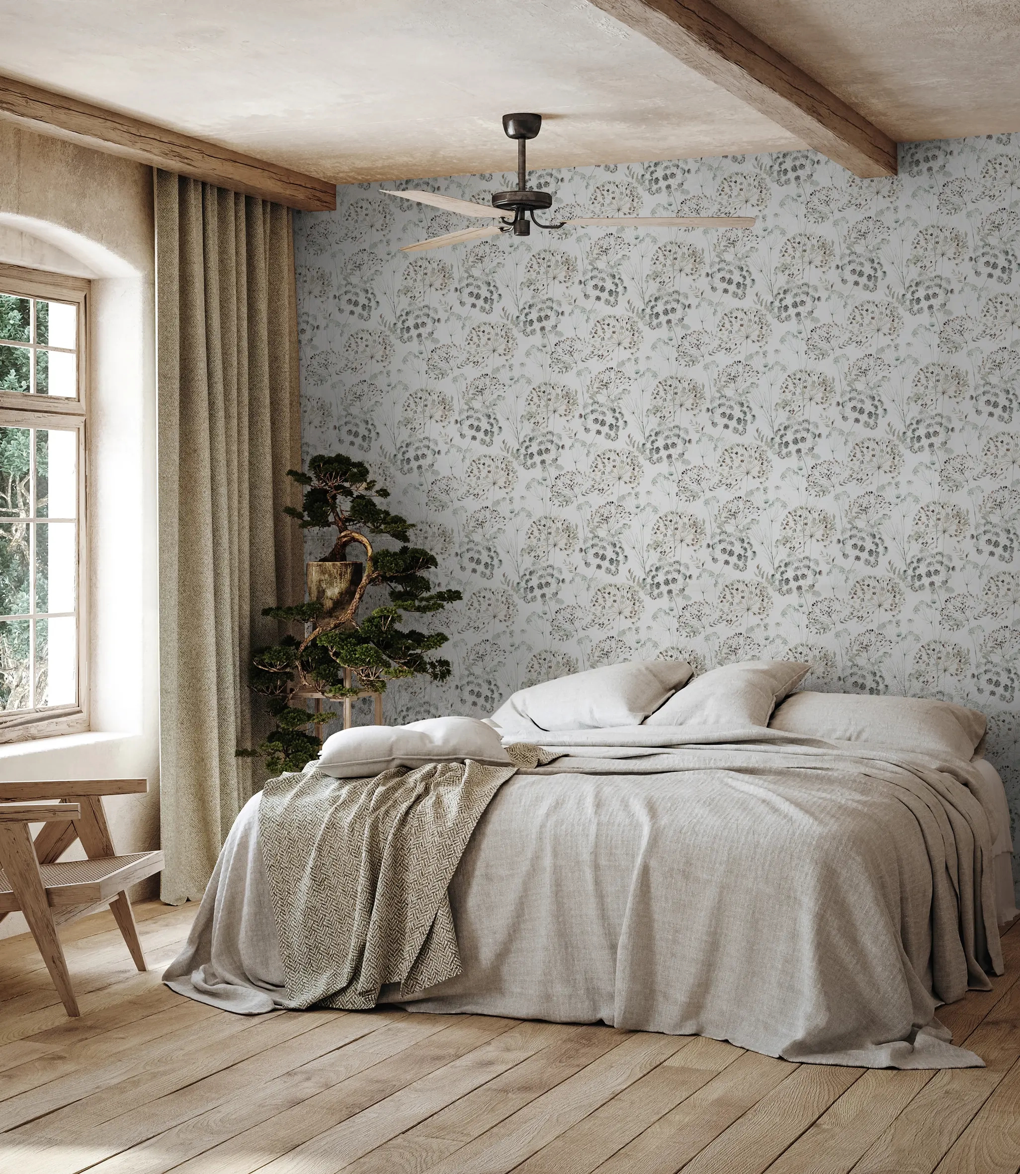 Provence zöldesszürke akvarell pitypang mintás tapéta