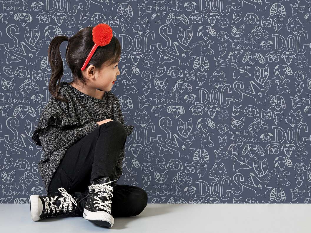 Rajzolt állat mintás gyerek tapéta sötétkék színben