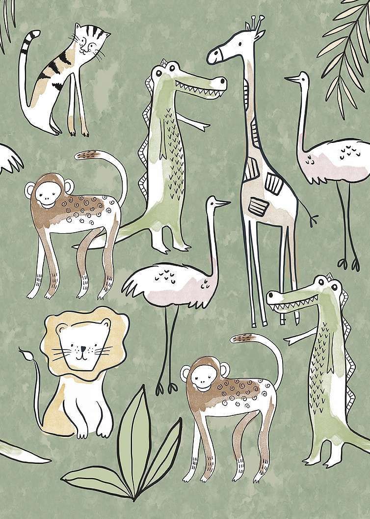 Rajzolt állatos poszter tapéta majom krokodil zsíráfos mintával