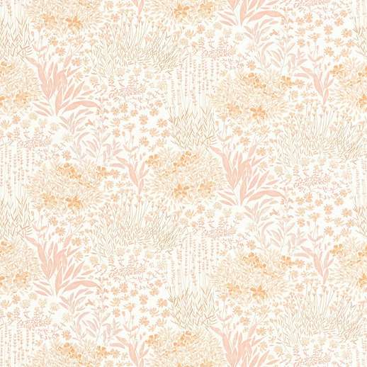 Rajzolt stílusú halvány narancs és rózsaszín színű level és virág mintás gyerek design tapéta