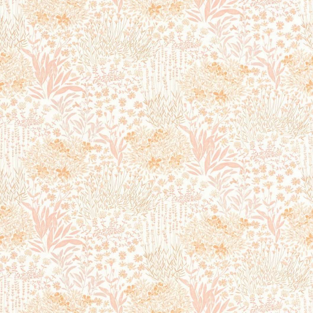 Rajzolt stílusú halvány narancs és rózsaszín színű level és virág mintás gyerek design tapéta
