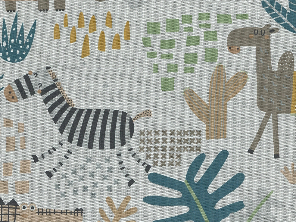 Rajzolt stílusú viziló, teve és zebra mintás gyerek design függöny textil koptatott fehér alapon