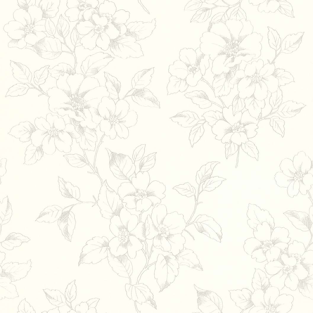 Rajzolt virágmintás tapéta ezüst virág mintákkal fehér alapon