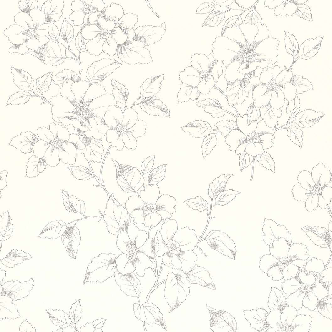 Rajzolt virágmintás tapéta szürke virág mintákkal fehér alapon
