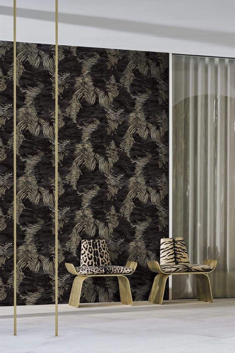 Roberto Cavalli luxus tapéta selyemfényű fekete és arany színű zebra mintával