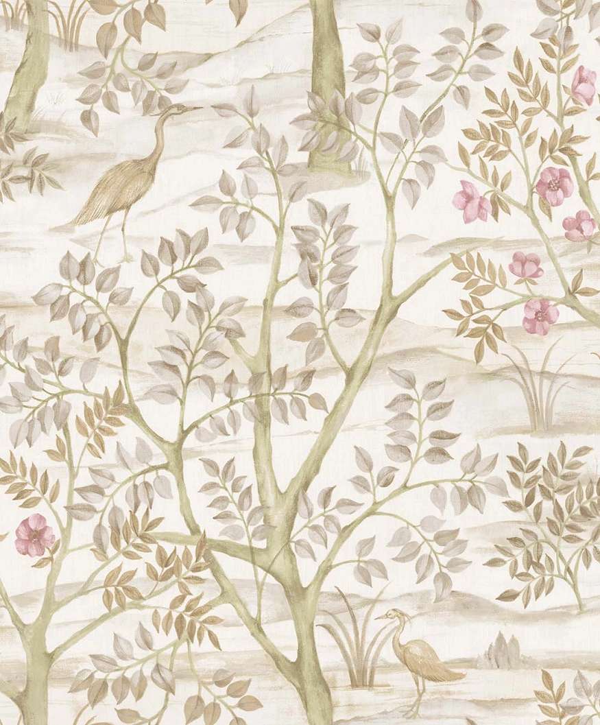 Romantikus fa és madár mintás olasz vinyl tapéta beige színben