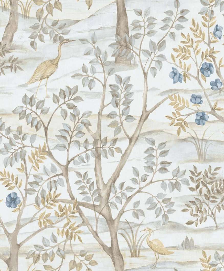 Romantikus fa és madár mintás olasz vinyl tapéta kék színben