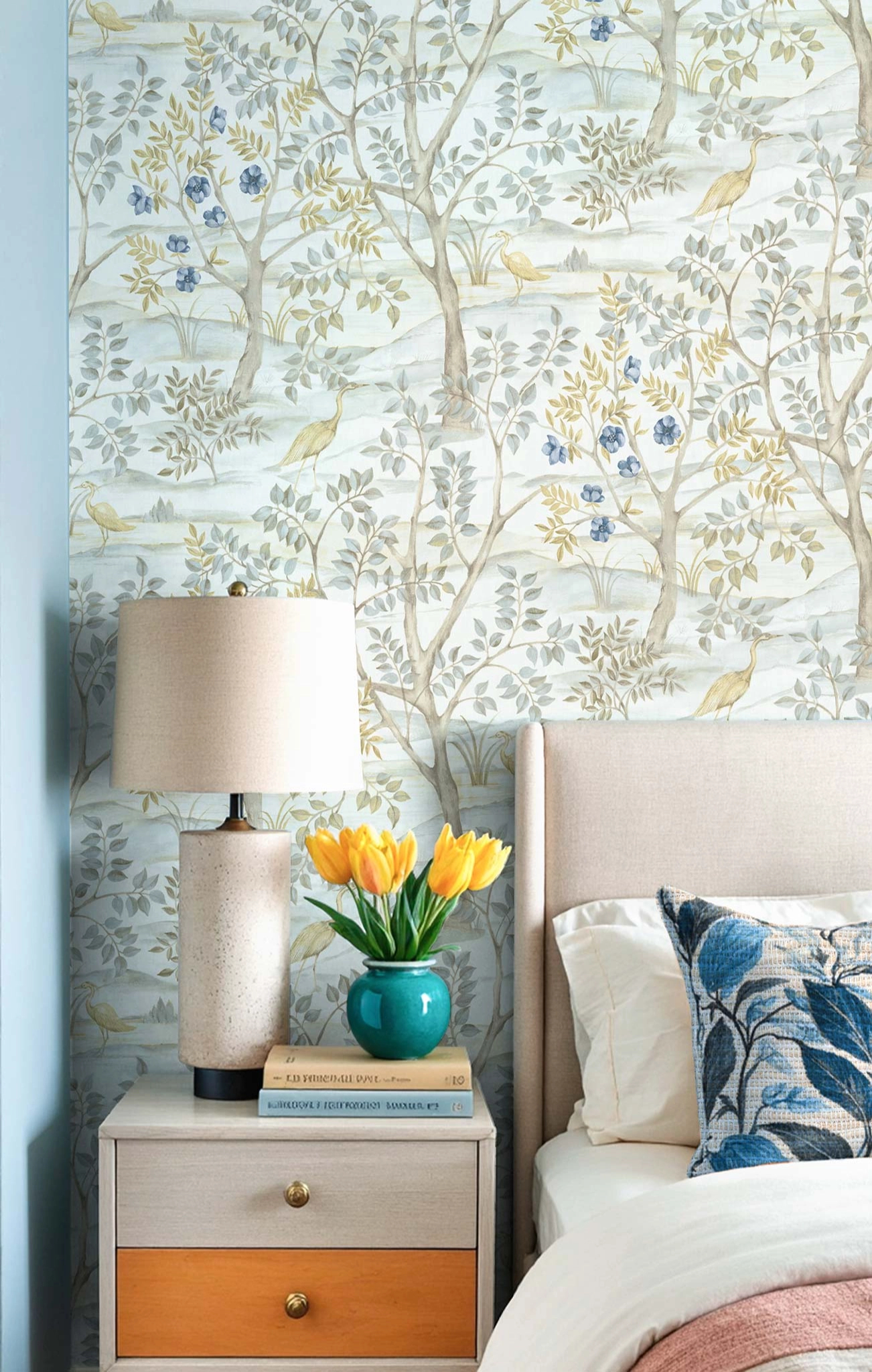 Romantikus fa és madár mintás olasz vinyl tapéta kék színben