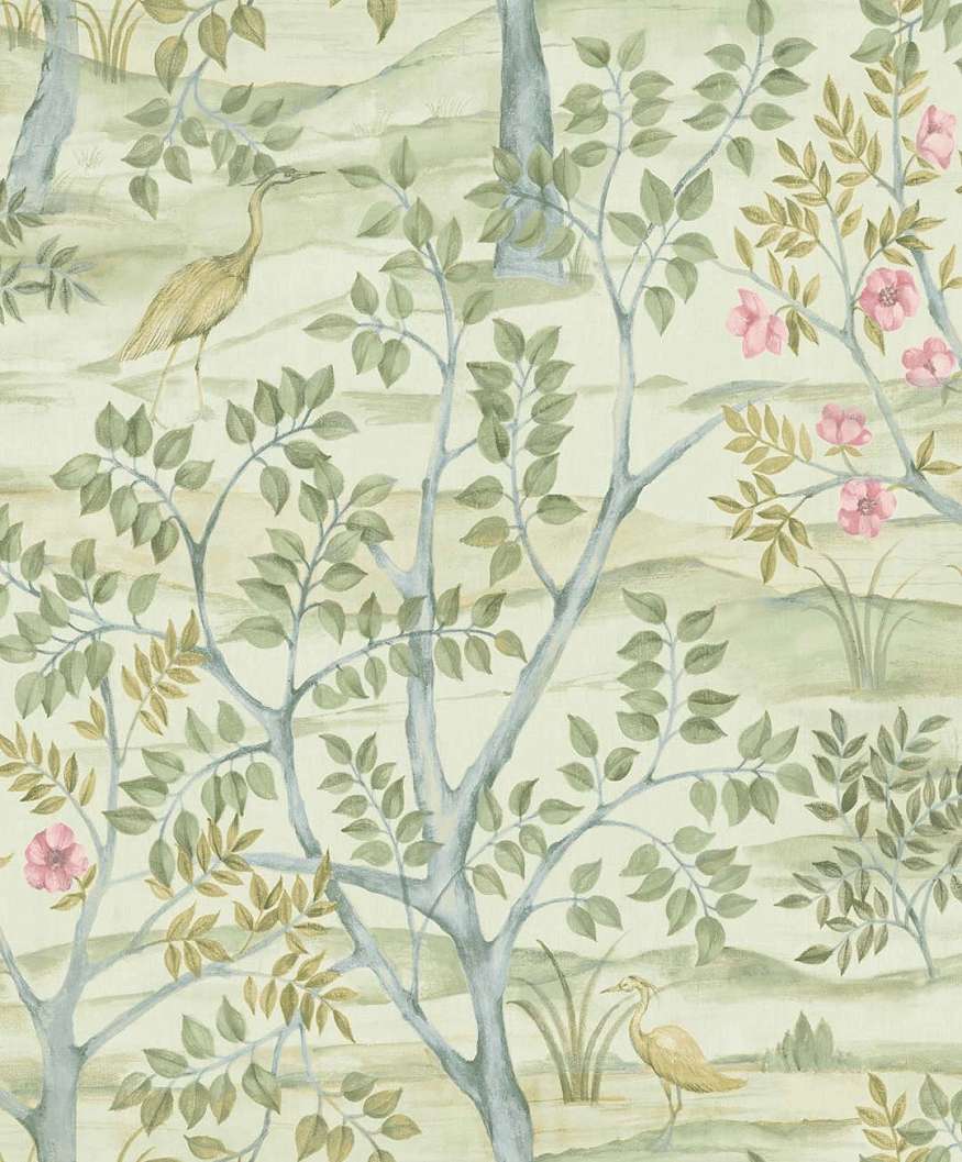 Romantikus fa és madár mintás olasz vinyl tapéta zöld színben