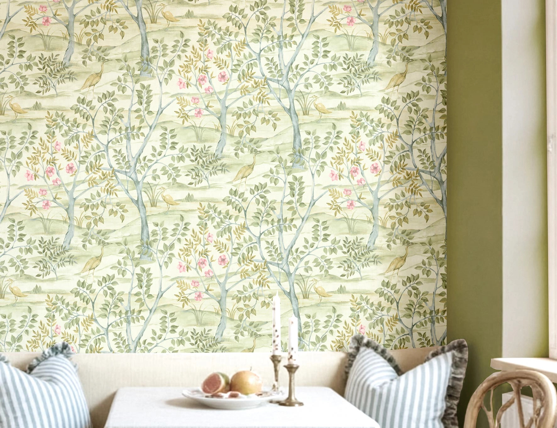 Romantikus fa és madár mintás olasz vinyl tapéta zöld színben