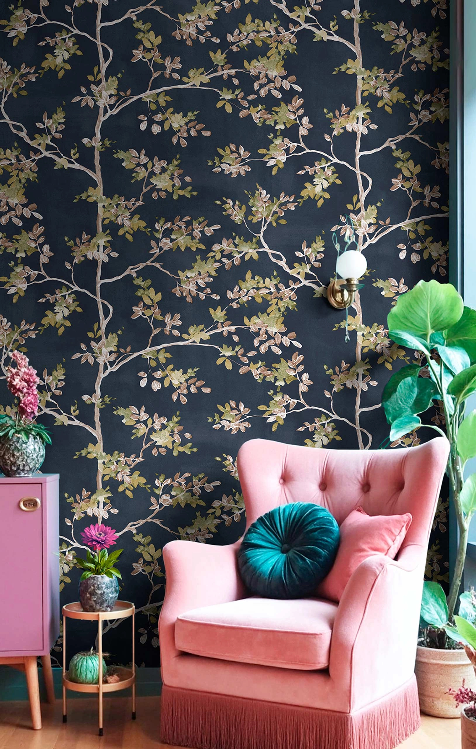 Romantikus faág mintás olasz vinyl tapéta matrózkék színben