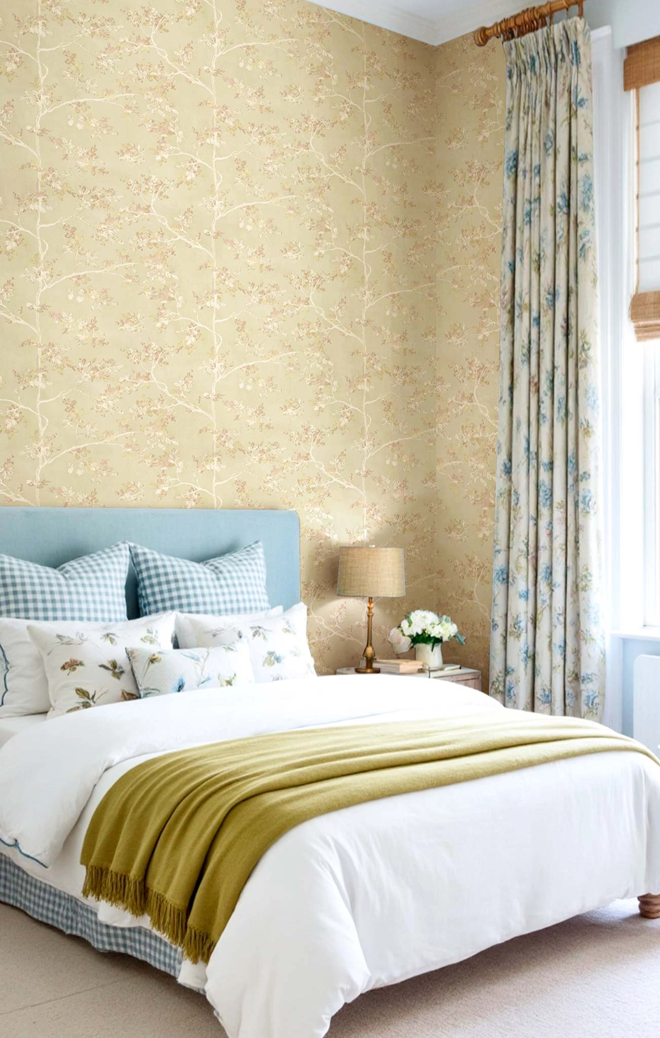 Romantikus faág mintás olasz vinyl tapéta sárga színben