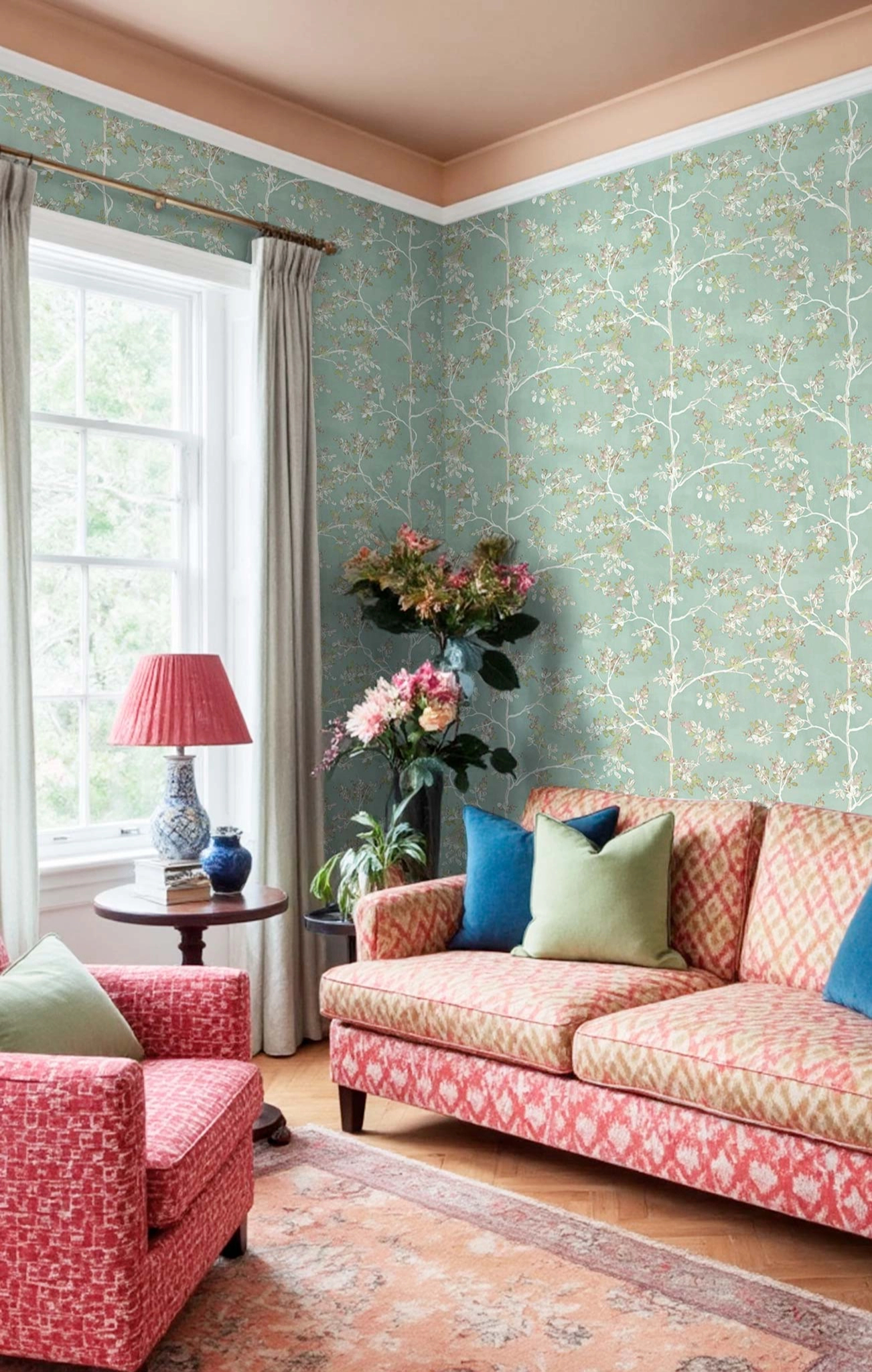 Romantikus faág mintás olasz vinyl tapéta világoskék színben