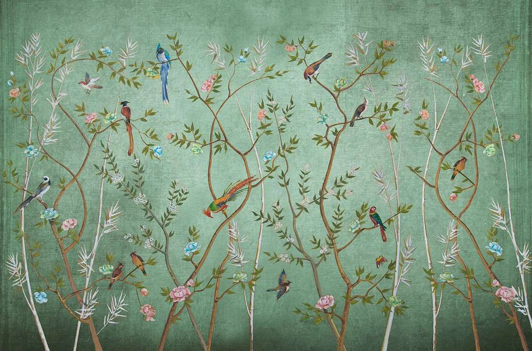 Romantikus mentazöld madár és botanikus mintás vinyl strukturált luxus poszter tapéta