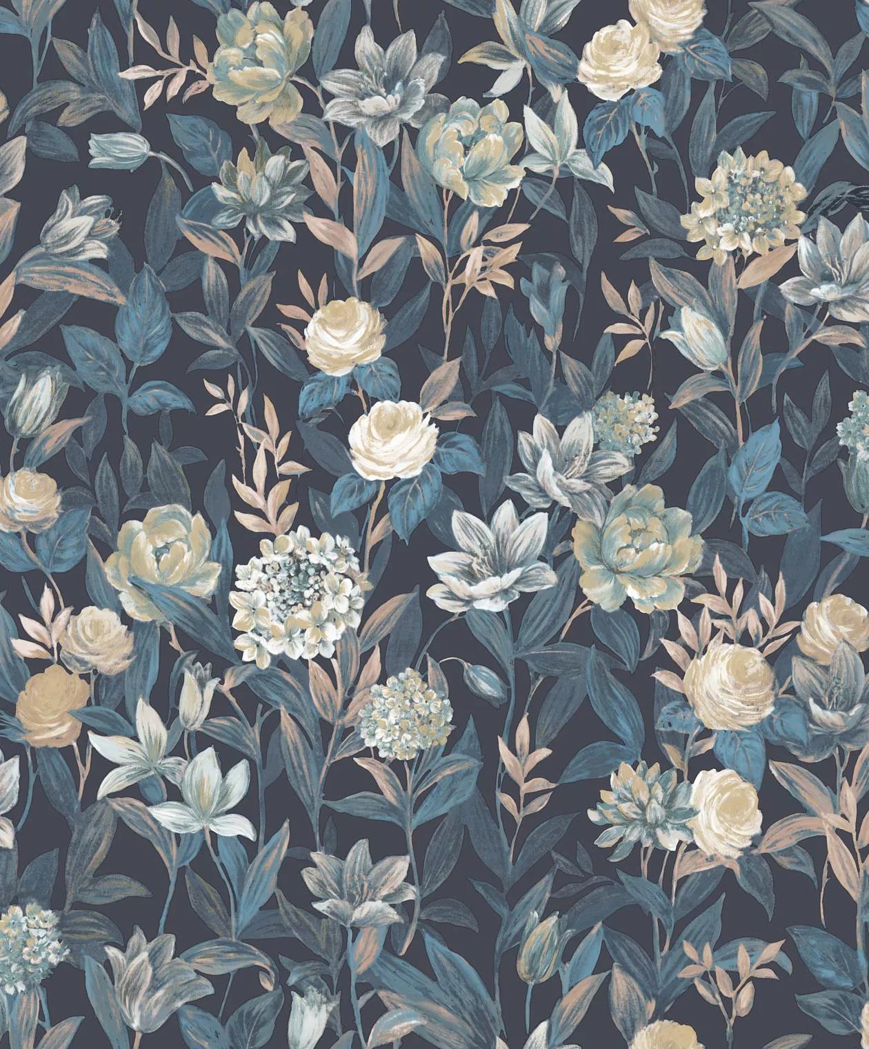 Romantikus mezei virágmintás tapéta kék színvilágban