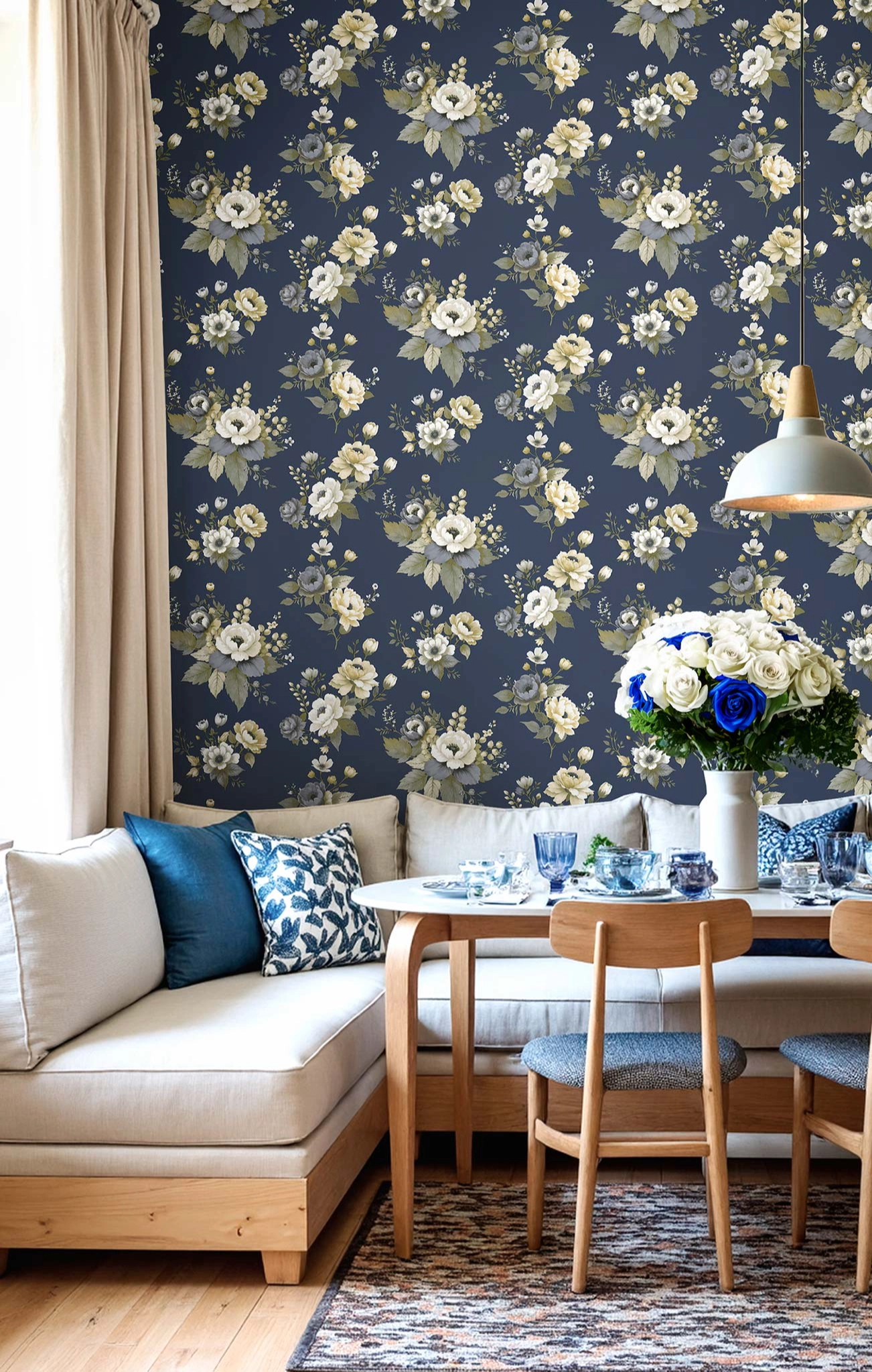 Romantikus rózsa mintás olasz vinyl tapéta matrózkék színben
