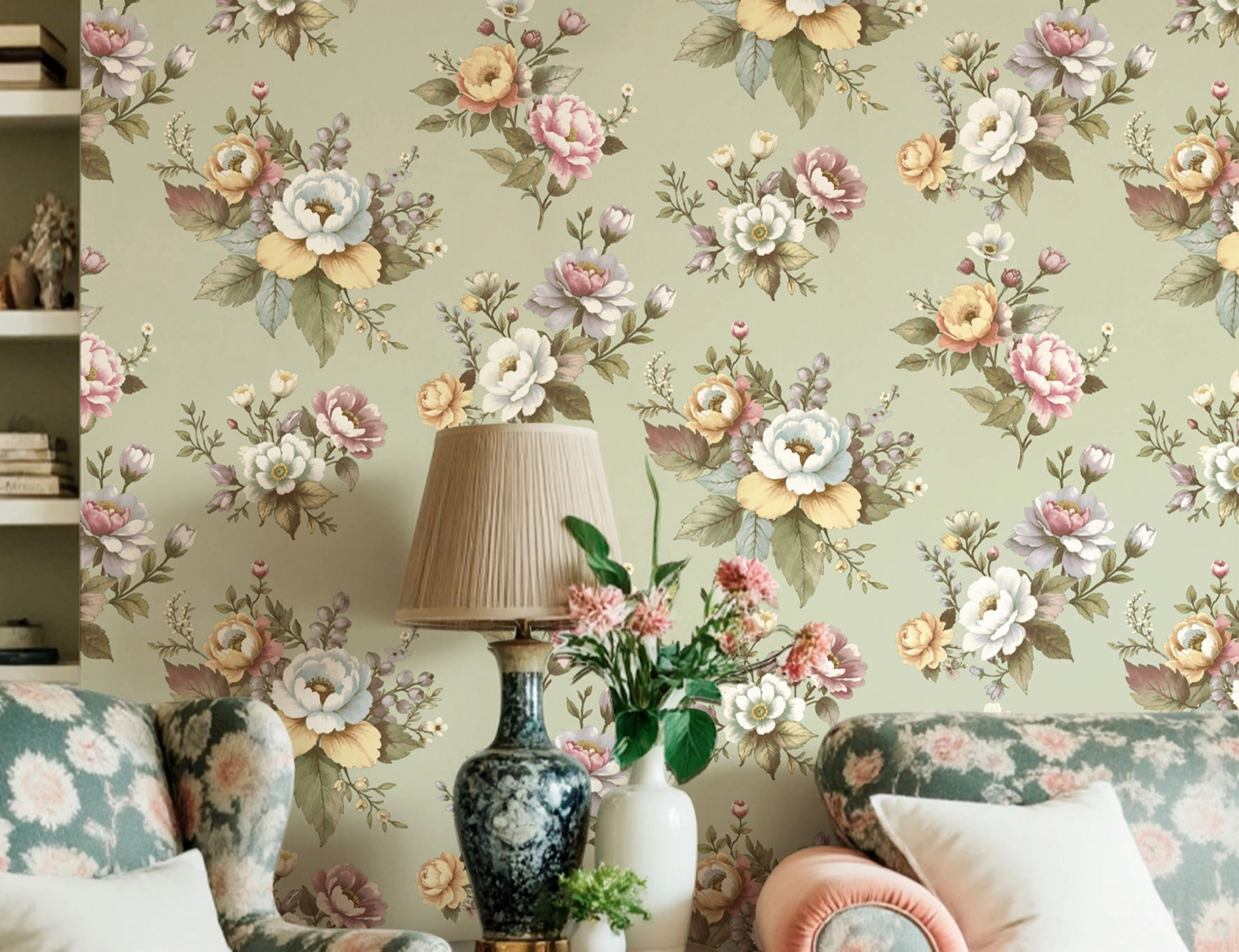 Romantikus rózsa mintás olasz vinyl tapéta zöld színben
