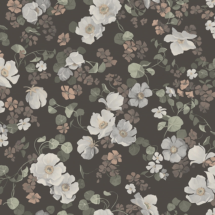 Romantikus sokszínű virág mintás design tapéta sötét szürkés barna alapon