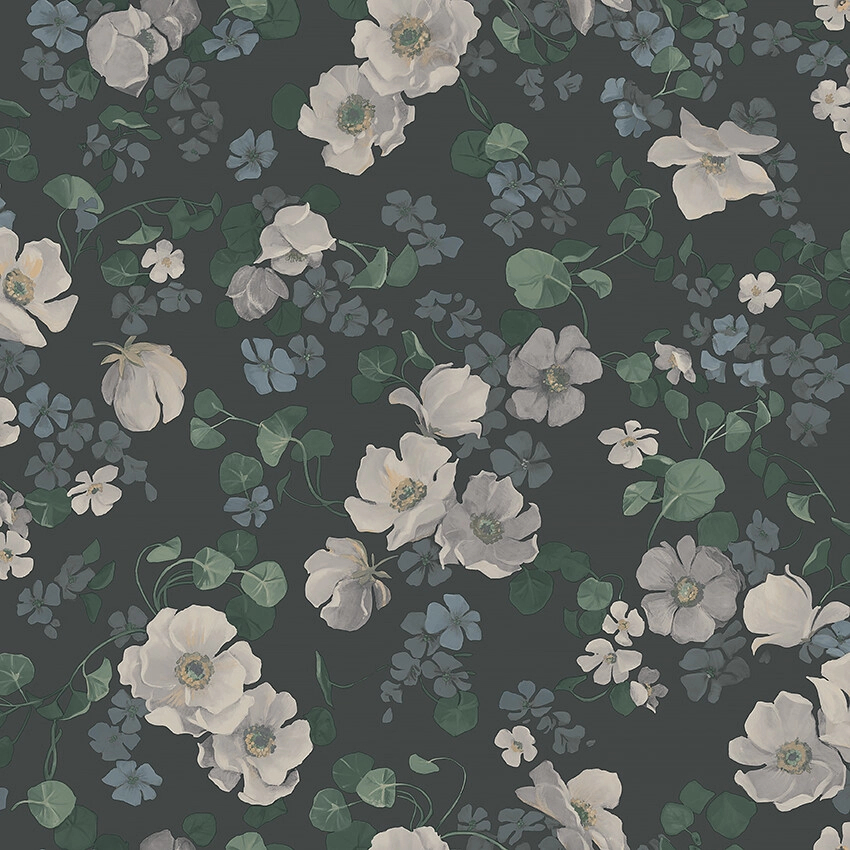 Romantikus sokszínű virág mintás design tapéta sötét zöld alapon