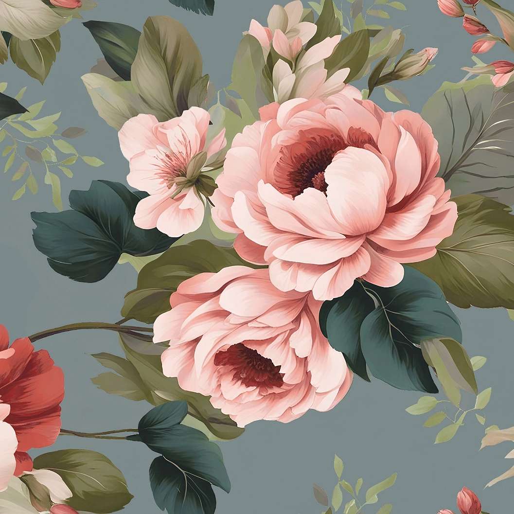 Romantikus stílusú kékes szürke alapon virág mintás puha tapintású design függöny textil anyag 300cm magas