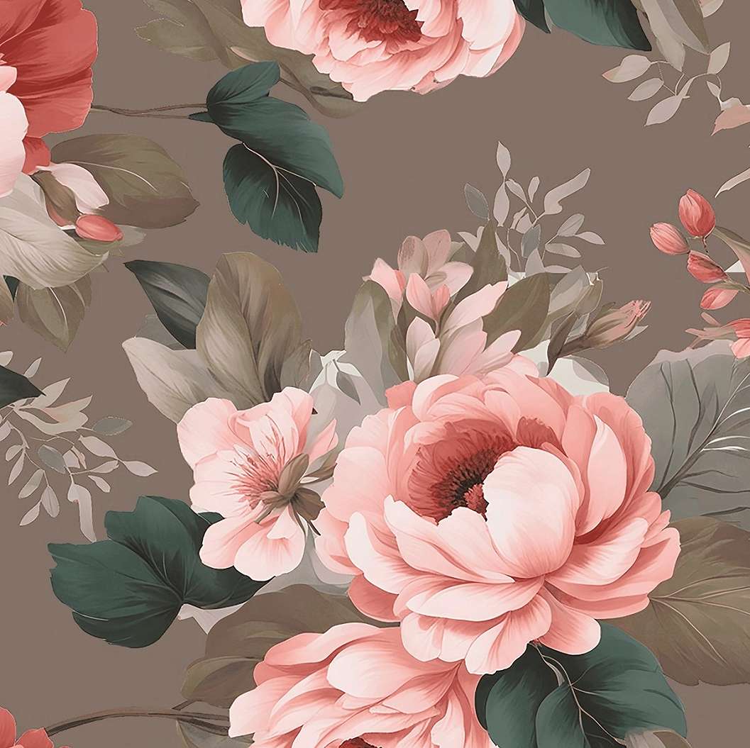 Romantikus stílusú szürkés barna alapon virág mintás puha tapintású design függöny textil anyag 300cm magas