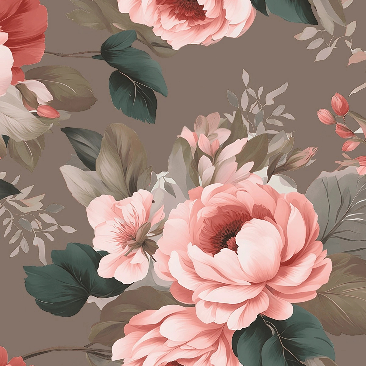 Romantikus stílusú szürkés barna alapon virág mintás puha tapintású design függöny textil anyag 300cm magas