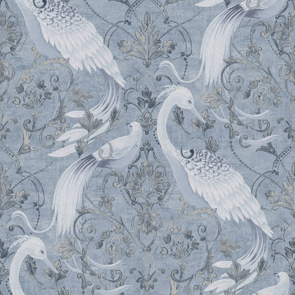 Romantikus vintage stílusú midnight blue damaszk és madár mintás Laura Ashley dekor tapéta