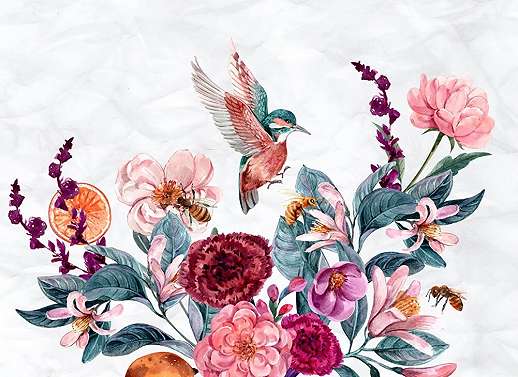 Romantikus virág madár mintás vlies poszter tapéta