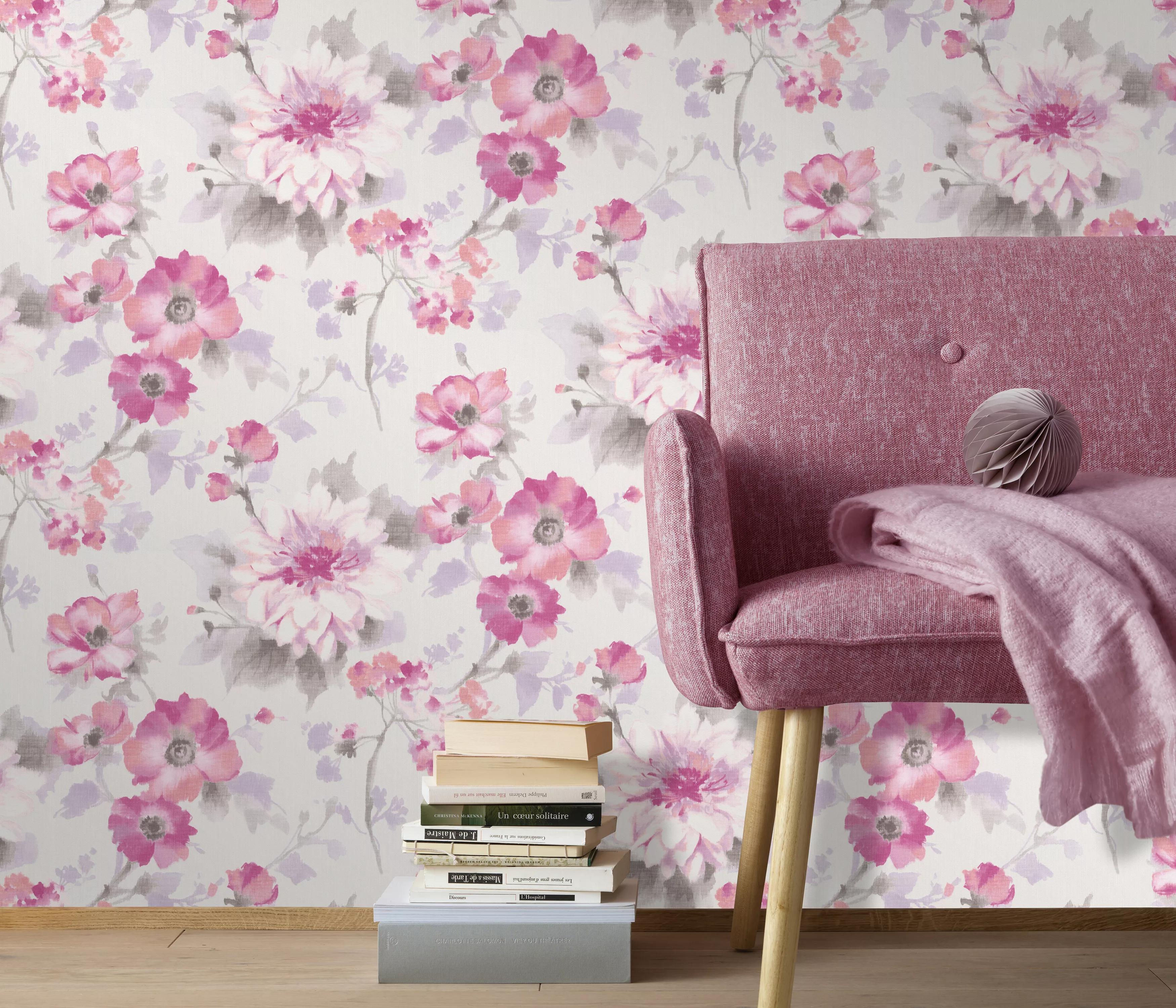 Rózsaszín akvarell hatású virágmintás vlies design tapéta